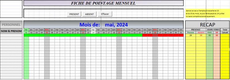 FICHE DE POINTAGE MENSUEL sur Excel